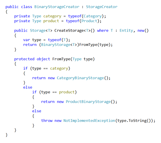 Naiwna wersja klasy BinaryStorageCreator (kod C#)